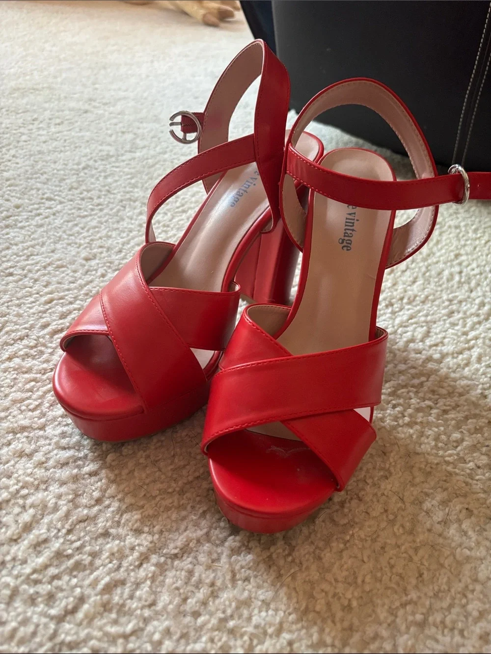 Unique Vintage Red Platform Sandals with Crisscross Straps and Ankle Buckle
